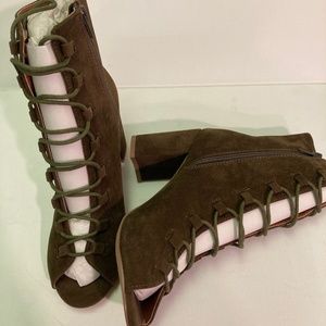 Shoe Republic LA  Olive Suede open toe lace up Block Heel Ankle Boot 6.5 NIB